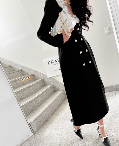 2723 Double-Breasted Faux Pearl Wool Coat