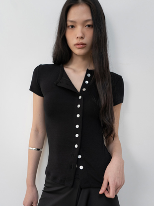 언발 버튼 숏 슬리브 탑